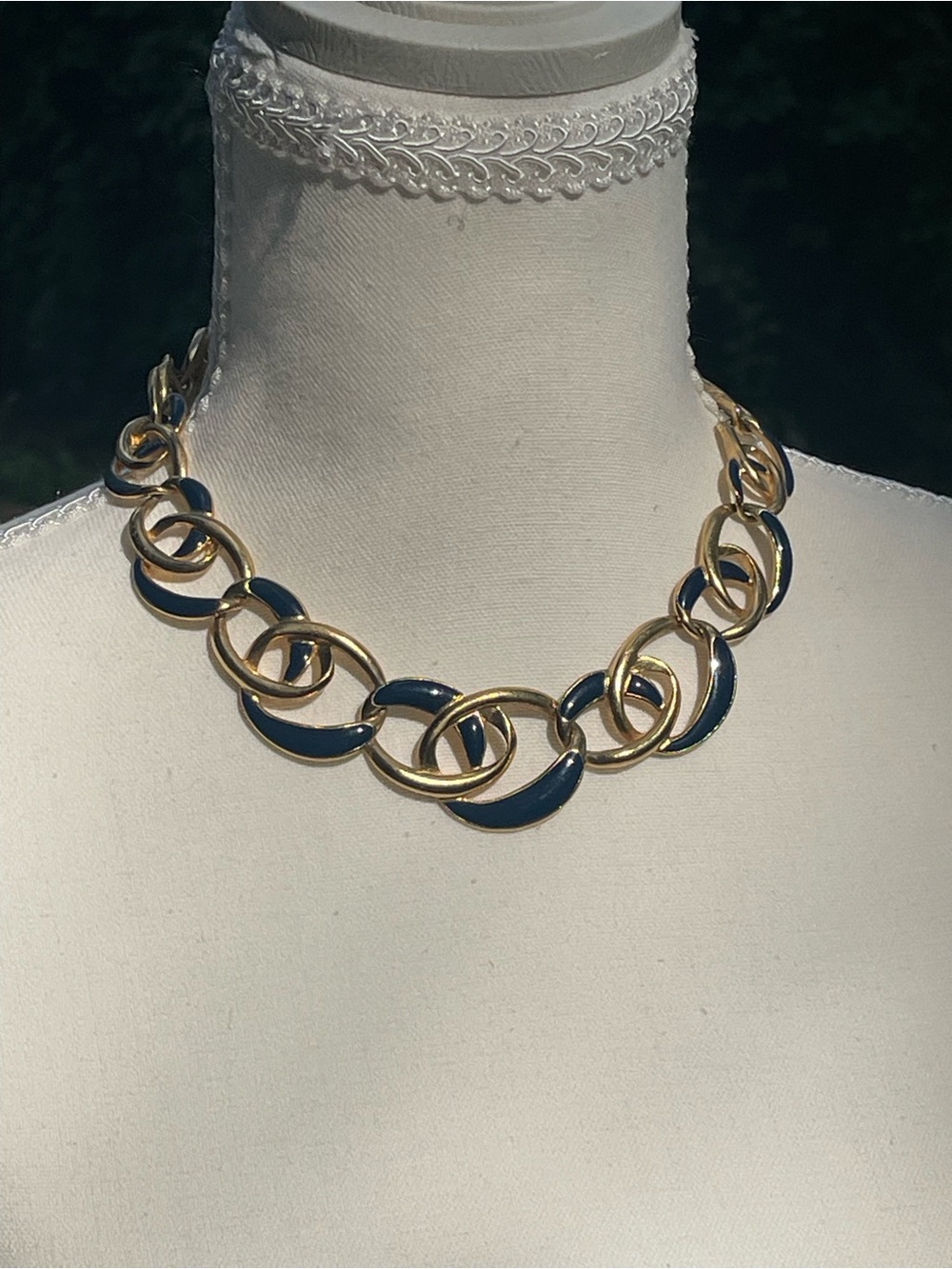 Vintage 80s Gold Navy Blue Enamel Link Necklace